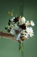 画像1: ホワイト×シックカラーの大人ブーケ｜チューリップとコスモスの上品クラッチb8 (1)